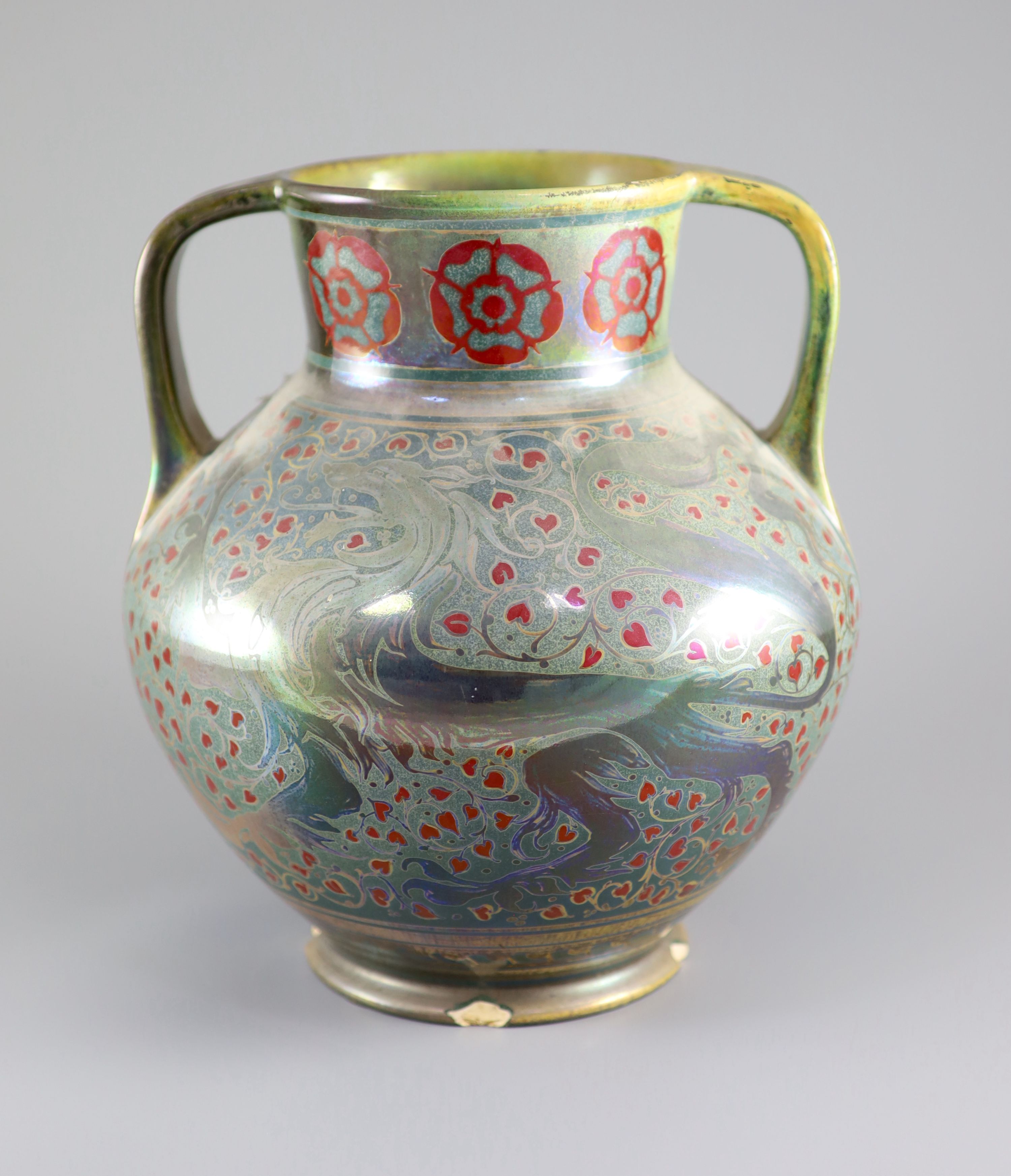 A Pilkingtons Royal Lancastrian lustre two handled vase, by Gordon M. Forsyth, 28.5cm high
